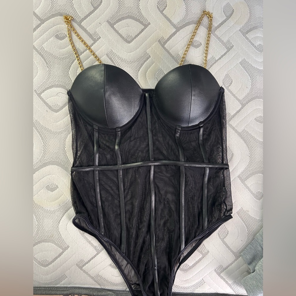 SHEIN Black Mesh Bodysuit with Gold Straps